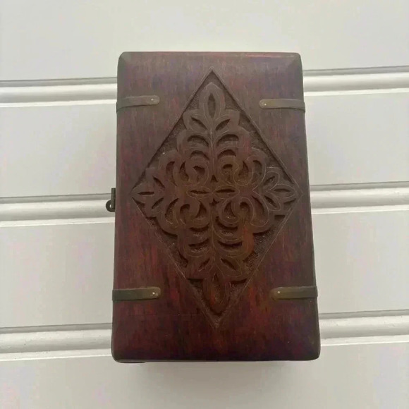 Handcrafted Vintage Wooden Jewelry Box Intricate Brass Accents 9" x 6" Trinket - Picture 1 of 16